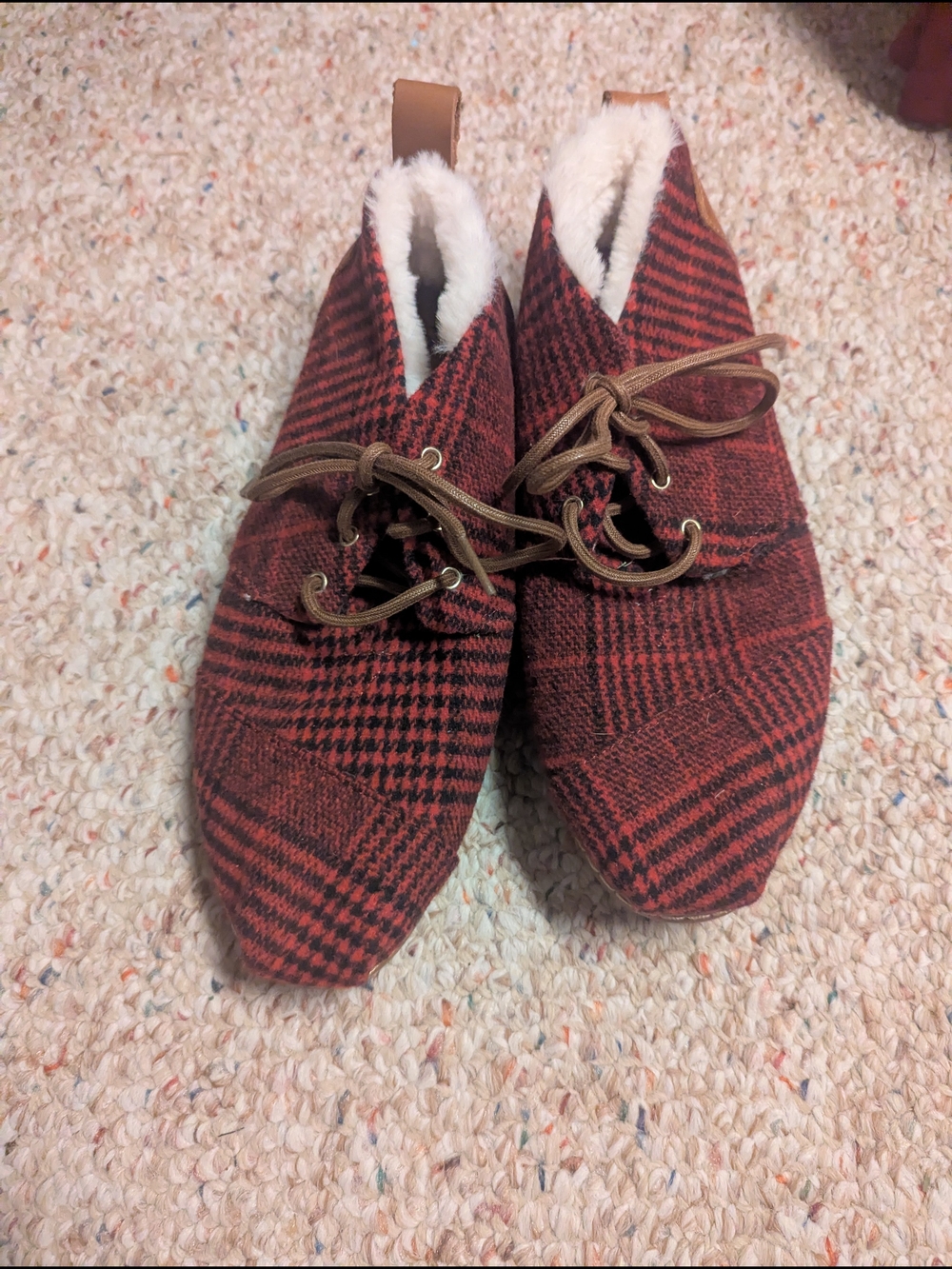 Toms Red Plaid Faux-Fur Lined Lace-Up Flats